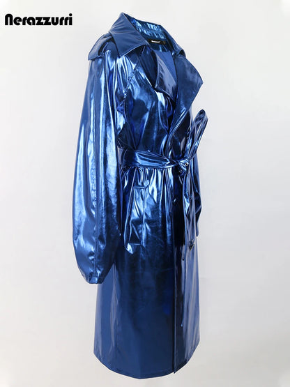 Nerazzurri-Manteau Long en Cuir PU pour Femme, Manteau Cool et Beau, Bleu Brcorporelle, Moulé, Verni, Ceinture, Mode Européenne, Printemps et Automne