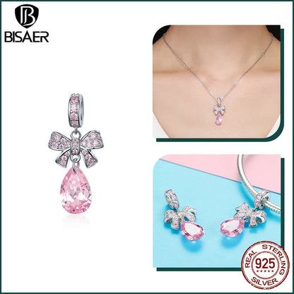 BISAER 925 argent Sterling rose bleu verre pendentif nœud perles plaqué platine pour collier et Bracelet