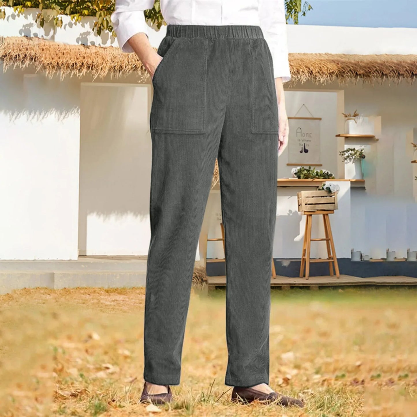 Pantalon en velours côtelé pour femme, décontracté, taille haute, jambe droite, couleur unie, pantalon Baggy confortable avec poches