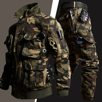 CamSolomon-Ensemble veste et pantalon cargo multi-poches pour homme, résistant à l'usure, coupe-vent, imbibé, entraînement en plein air, chasse, nouveau, 2 pièces