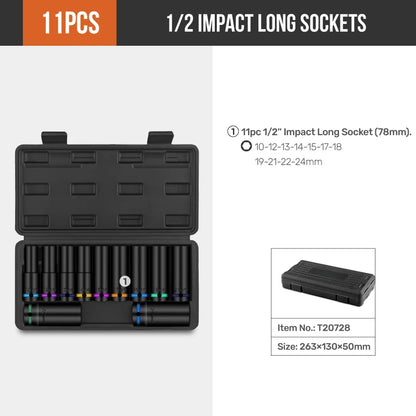 Jeu de douilles à percussion Hi-Spec 6/11 pièces 1/2 "avec douilles de 78mm de Long (10-24mm), jeu de clés à douilles outils mécaniques professionnels