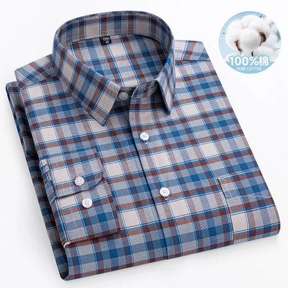 Chemise Oxford rayée à carreaux pour hommes, chemise sociale à manches longues, chemises de travail décontractées, poche, pur coton, qualité, S- 7XL, 8XL, 100%