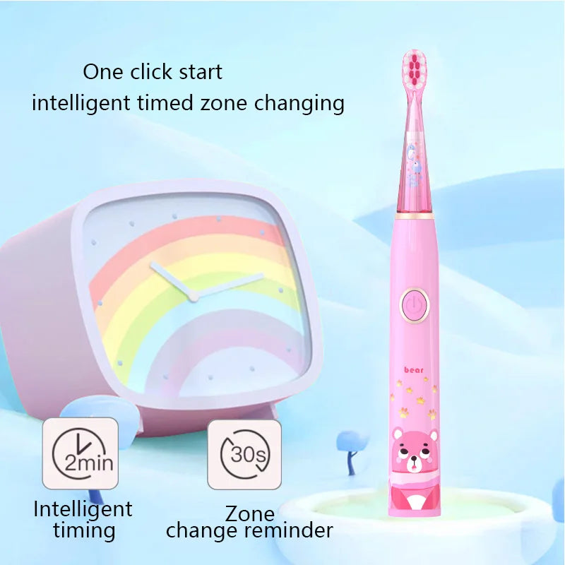 Brosse à dents électrique sonique pour enfants, dessin animé avec lumière LED colorée, étanche IPX7, nettoyage total des dents, brosse à dents de soin Rechargeable