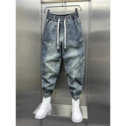 Jean Denim Bleu pour Homme, Pantalon Sarouel, Taille artificiel astique, Poignets, Vêtements de Luxe Décontractés, Mode Printemps-Automne, Nouveau, 2024