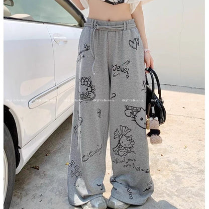 Kawaii femmes Hello Kitty pantalons décontractés Sanrio dessin animé coton pantalons longs Anime filles étudiant mignon danse pantalons à jambes larges dessiner corde