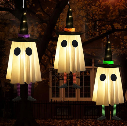 Fantômes suspendus d'Halloween, décorations d'Halloween Fantômes suspendus en plein air avec chapeau de sorcière pour cour, patio, jardin, arbre à l'extérieur