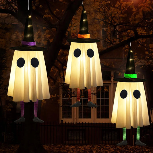 Fantômes suspendus d'Halloween, décorations d'Halloween Fantômes suspendus en plein air avec chapeau de sorcière pour cour, patio, jardin, arbre à l'extérieur
