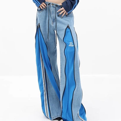 [EWQ] décontracté mode Style femmes Unique Denim pantalon Patchwork contraste couleurs jean conception fermeture éclair pantalon à jambes larges 16O7157