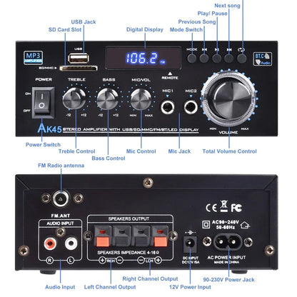 Amplificateur de puissance Bluetooth 5.0, récepteur stéréo, caisson de basses, audio Hi-Fi, AK45, 2 canaux, 300W x 2 sorties, Max 800W