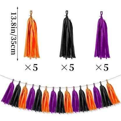 Décorations d'Halloween 15 pompons en papier noir orange violet frange lot de 2 pour salle de fête