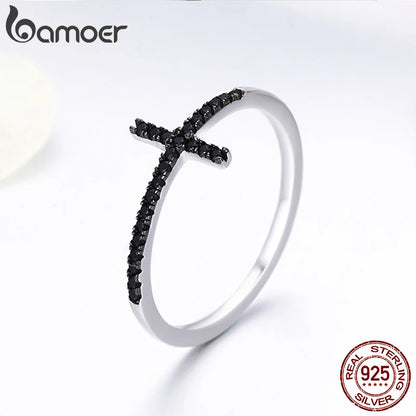 BAMOER – bagues en argent Sterling 925 en forme de croix pour femmes, bijoux en argent Sterling CZ noir clair, cadeau SCR067