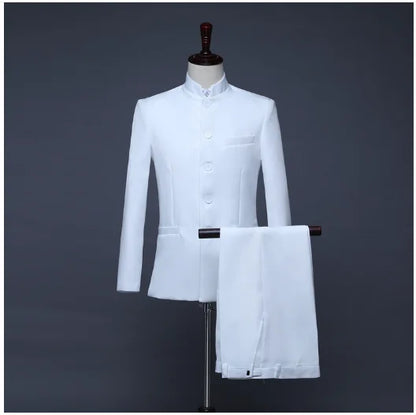 Blazer à col montant de style chinois pour hommes, couleur pure, affaires, formel, banquet de mariage, trempé, rouge, blanc, mâle, nouveau, fjj, 2 pièces
