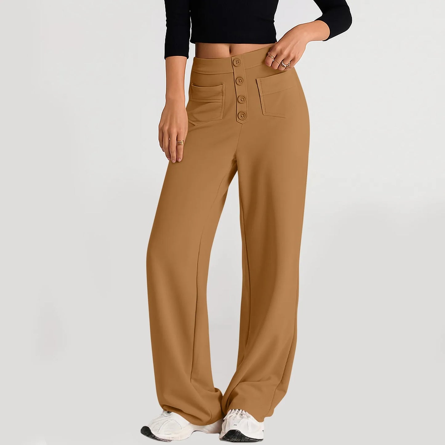 Pantalon à jambes droites pour femmes, classique, Simple, solide, taille haute, mode, poches à boutons, taille élastique, décontracté, nouvelle collection