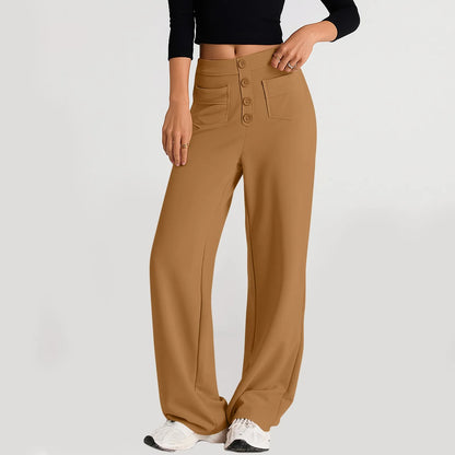 Pantalon à jambes droites pour femmes, classique, Simple, solide, taille haute, mode, poches à boutons, taille élastique, décontracté, nouvelle collection