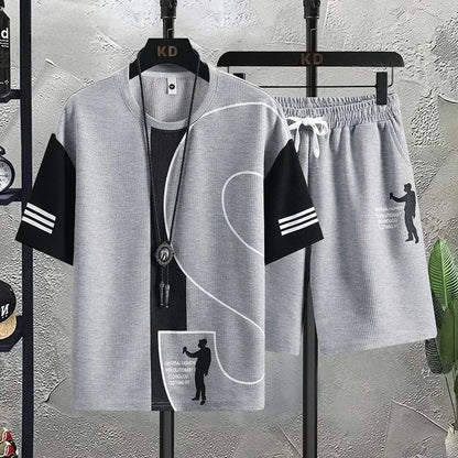 Ensemble de T-shirt et Short de dehors pour Homme, Vêtement de Travail Imprimé, Gaufré, Tenue 2 Pièces, Coupe Régulière Basique