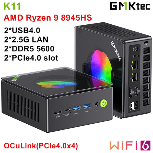GMKtec-Mini PC Gaming Nucbox K11 AMD Ryzen 9 8945HS, OCuLink 2 x USB 4 2 x DDR5 2 x PCIe 2x2.5G LAN, Ordinateur de bureau RVB, Windows 11, WiFi 6