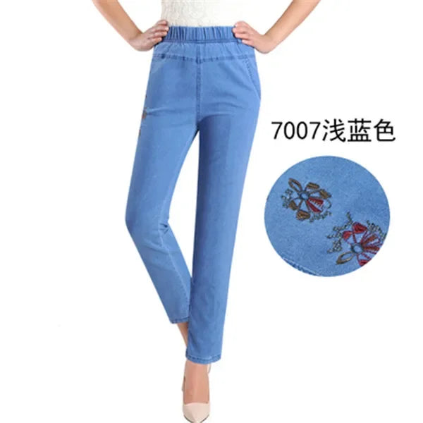 L-5XL Jeans Femme Printemps Été Nouvelle Broderie Neuf Denim Pantalon Slim Taille Haute artificiel asticité Casual Femmes Cowboy Pantalon H450