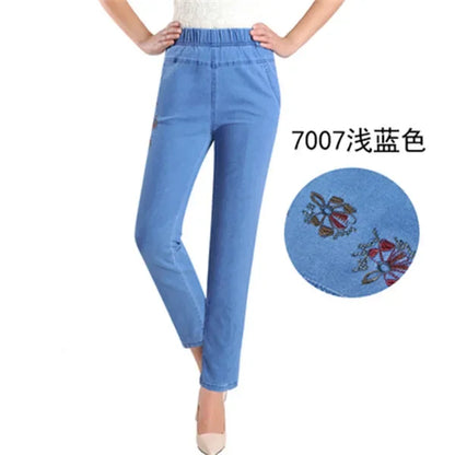 L-5XL Jeans Femme Printemps Été Nouvelle Broderie Neuf Denim Pantalon Slim Taille Haute artificiel asticité Casual Femmes Cowboy Pantalon H450