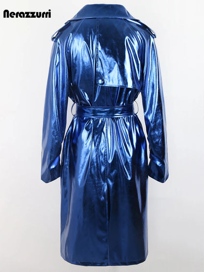 Nerazzurri-Manteau Long en Cuir PU pour Femme, Manteau Cool et Beau, Bleu Brcorporelle, Moulé, Verni, Ceinture, Mode Européenne, Printemps et Automne