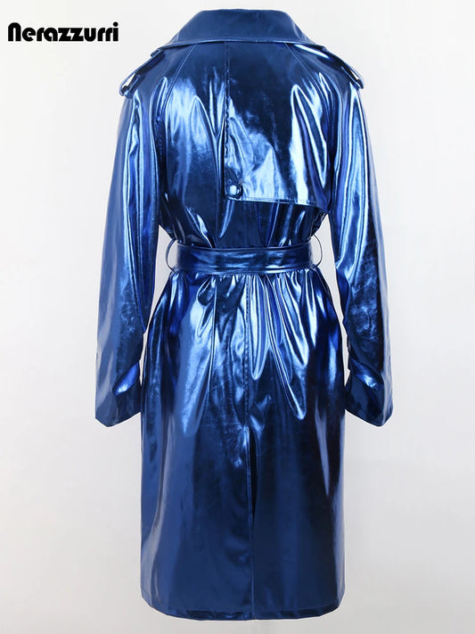 Nerazzurri-Manteau Long en Cuir PU pour Femme, Manteau Cool et Beau, Bleu Brcorporelle, Moulé, Verni, Ceinture, Mode Européenne, Printemps et Automne