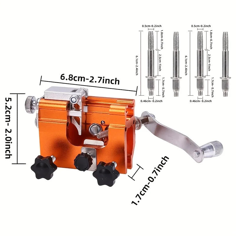1 jeu d'affûtage de tronçonneuse, affûteur de tronçonneuse portable, outil d'affûtage de tronçonneuse à manivelle avec 4 têtes de meulage en carbure à double usage, conception de manchon de guidage étendu, pince d'a