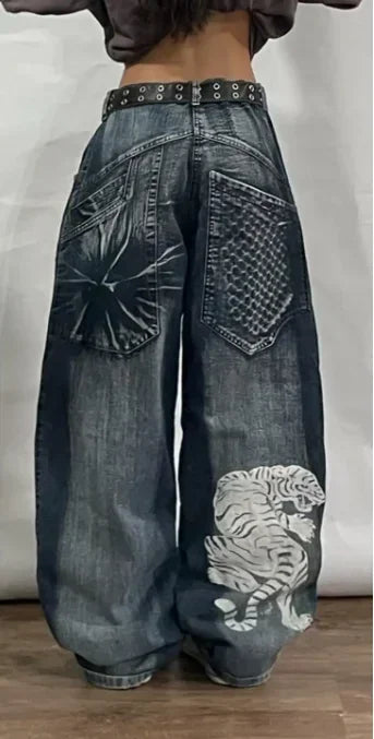 Pantalon Patch populaire avec motif d'épine imprimé, jean déchiré gothique Harajuku pour hommes et femmes, pantalon de rue taille haute Y2k à jambes larges