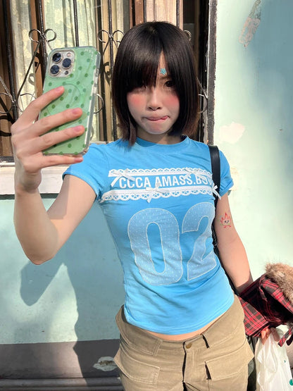 Tonngirls Y2k japonais imprimé t-shirt femmes mince bleu à manches courtes t-shirt Streetwear Vintage Grunge hauts été graphique culture hauts