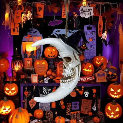 Crâne d'Halloween avec chapeau de sorcière et lune, figurines de collection suspendues en résine, art mural mignon et effrayant pour les fêtes d'horreur/maison hantée