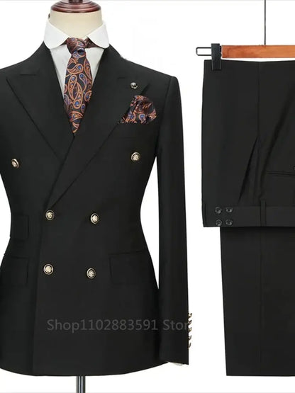 Manteau d'affaires à double boutonnage pour hommes, blazers de mariage minces pour hommes, veste et pantalon monochromes, manteau imbibé de documents, nouvelle mode, fjl, 2 pièces