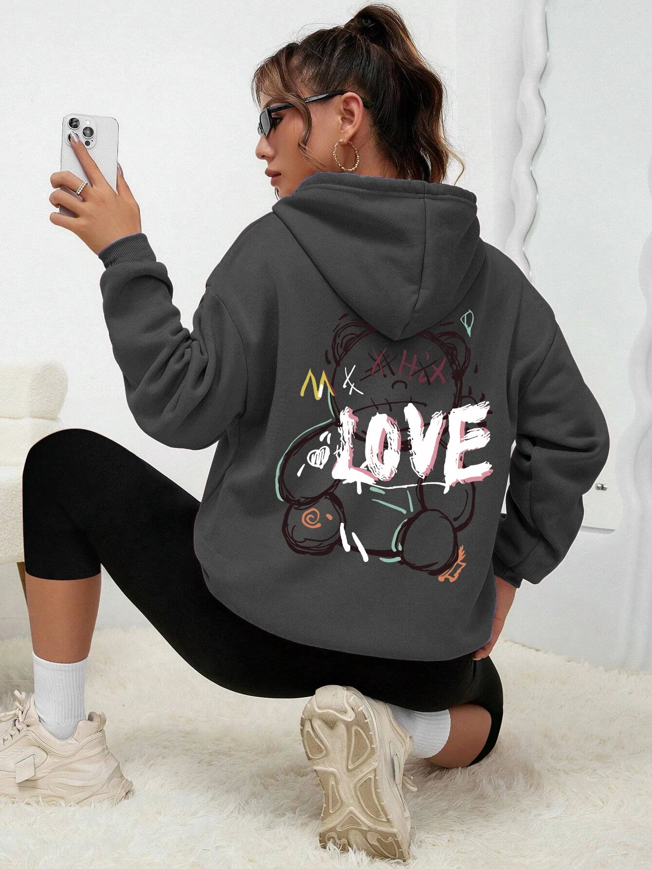 Graffiti ligne ours Simple imprimé femme à capuche Harajuku s-xxl sweat mode décontracté rue à capuche automne chaud Streetwear femmes