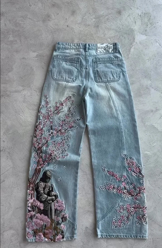 Hommes femmes cerisier fleur chevalier tout broderie Denim pantalon Y2k Vintage Baggy rue jean droit taille haute lavé bleu Jean