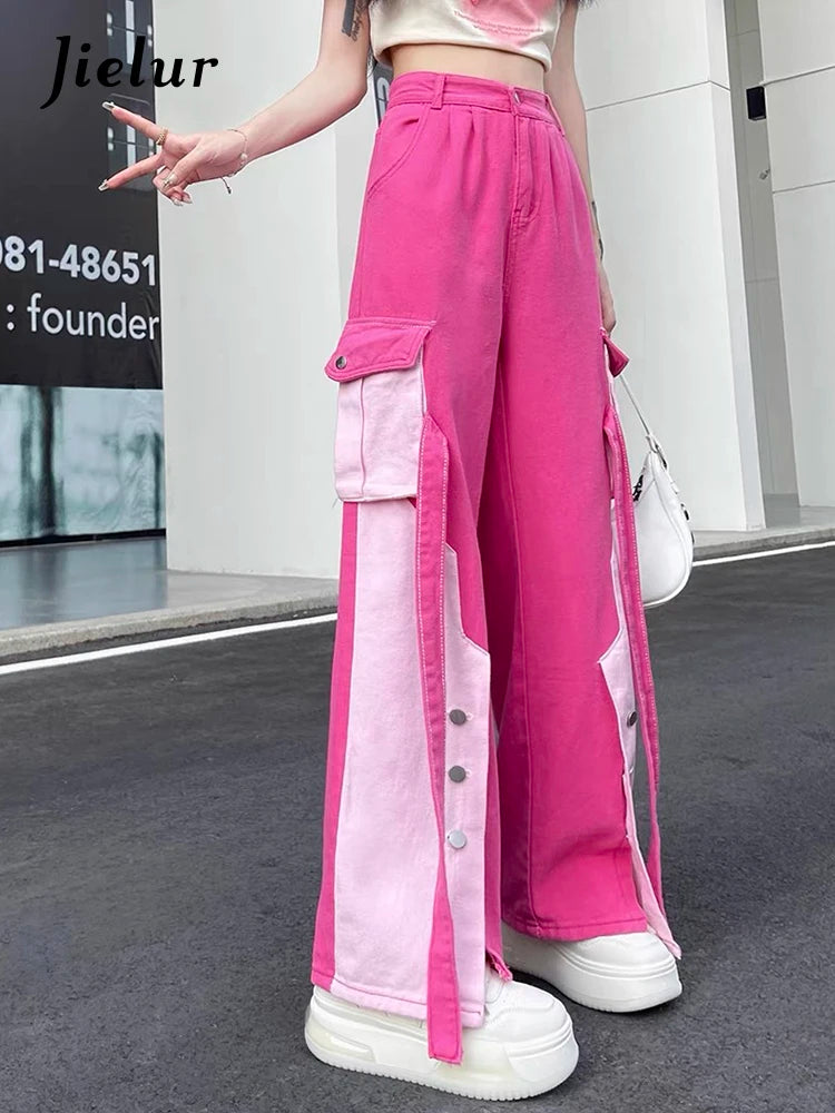 Jielur-Jean Droit Taille Haute pour Femme, Pantalon Cargo Sexy, Mode Décontractée, Streetwear Chic, Disponible en Rose, Collection Automne, Y2k