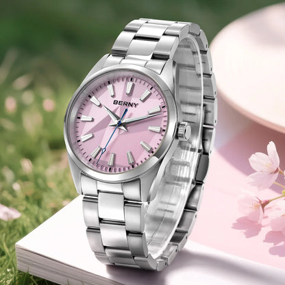 BERNY Quartz femmes montre cadran stéréo 39mm montre 100m étanche 316L acier inoxydable saphir AR lentille enduit