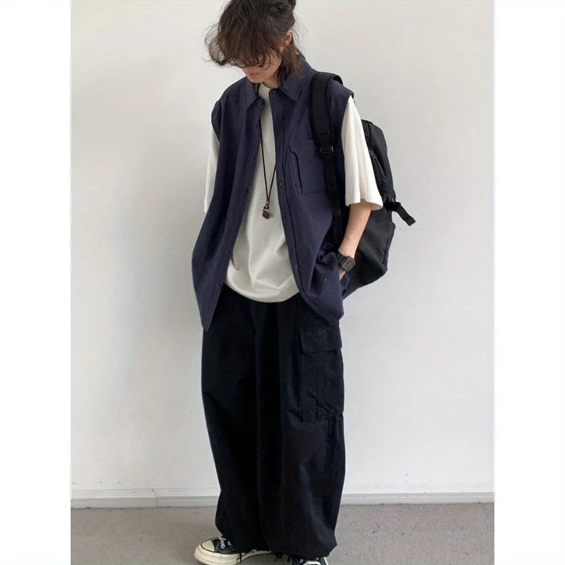 Ensemble deux pièces patchwork japonais pour hommes, chemises et pantalons cargo à manches courtes, faux deux demi-manches, poches, décontracté, couple, été
