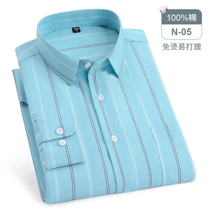 Chemise Oxford rayée à carreaux pour hommes, chemise sociale à manches longues, chemises de travail décontractées, poche, pur coton, qualité, S- 7XL, 8XL, 100%