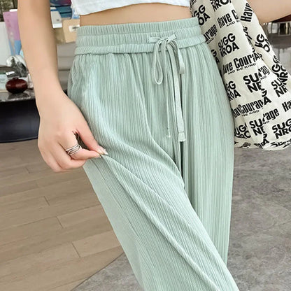 Pantalon droit en soie glacée pour femme, mode, taille haute, jambes larges, couleur unie, sensation d'affaissement, Baggy, décontracté, été