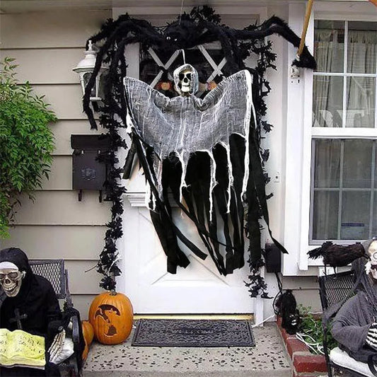 Accessoires de décoration d'Halloween, fantômes suspendus en gaze à tête de crâne, décorations suspendues à l'entrée des maisons hantées