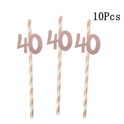 Pailles en papier à rayures dorées, 1 sac, numéro 30e 40e 50e 60e, lunettes à ceinture, pailles à boissons joyeux anniversaire pour adultes, décoration de fête en ballon