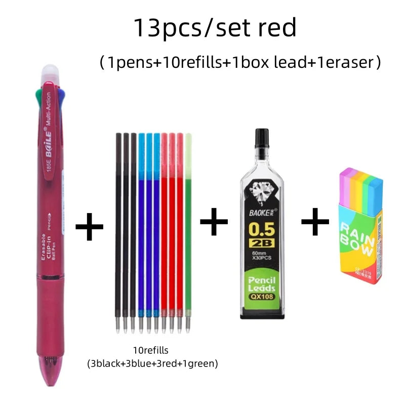 Stylo à bille multicolore effaçable 5 en 1, recharge 4 couleurs de 0.7mm et crayon automatique de 0.5mm,