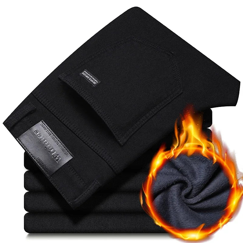 2025 nouveaux hommes d'hiver noir droit Stretch Denim épais velours pantalon chaud jean décontracté polaire ligne pantalon mâle grande taille
