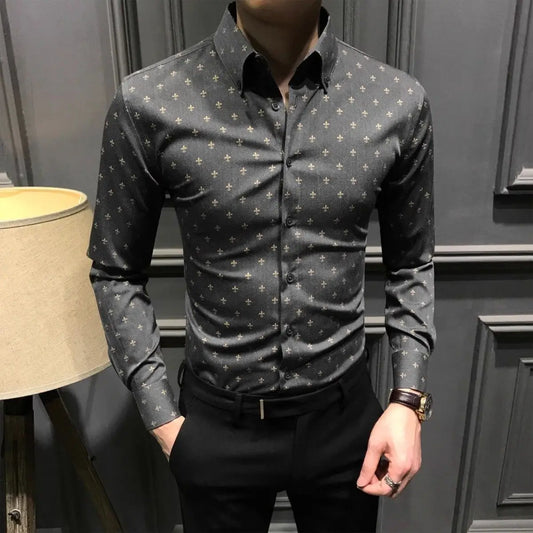 Chemises Slim à manches longues pour hommes, chemise imprimée à la mode, chemise décontractée, affaires, sans repassage, anti-rides, printemps, automne, nouveau