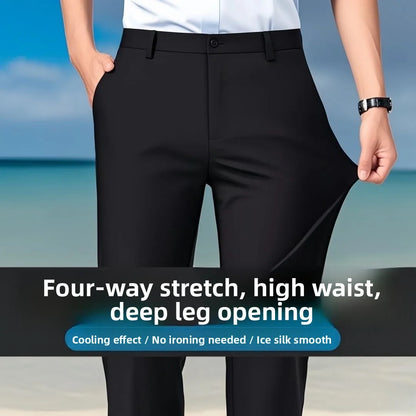 Pantalon pour hommes en soie glacée lisse et soyeuse, Ultra-fin, drapé à haute élasticité, décontracté, ample, jambe droite, Long, pour l'été, tenue de bureau