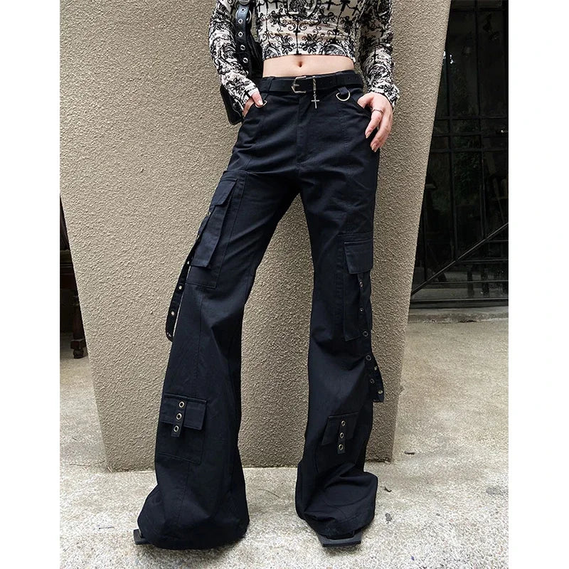 Pantalon évasé cargo gothique noir pour femme, vintage, Harajuku, années 90, rétro, taille haute, jambe large, fjStreetwear, années 2000, Y2k