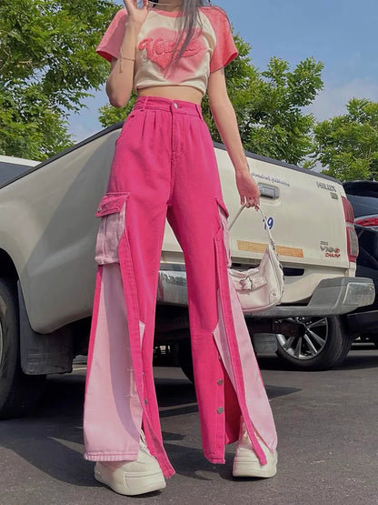 Jielur-Jean Droit Taille Haute pour Femme, Pantalon Cargo Sexy, Mode Décontractée, Streetwear Chic, Disponible en Rose, Collection Automne, Y2k