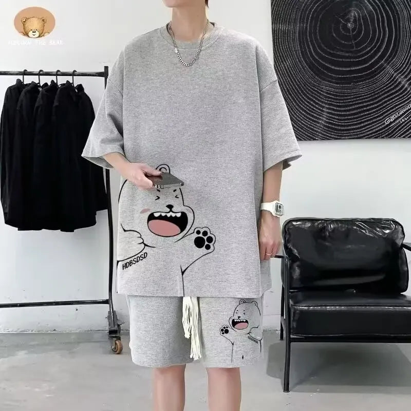 Survêtement d'été pour hommes, Streetwear de dessin animé japonais, Hip Hop Rock, décontracté, court imbibé cool, imprimé gaufré, ensemble 2 pièces, nouveau