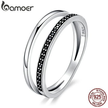 Bamoer véritable 925 en argent Sterling Double cercle noir clair CZ empilable bague pour les femmes en argent fin bijoux cadeau SCR082