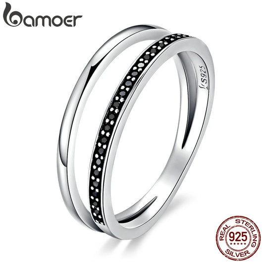 Bamoer véritable 925 en argent Sterling Double cercle noir clair CZ empilable bague pour les femmes en argent fin bijoux cadeau SCR082