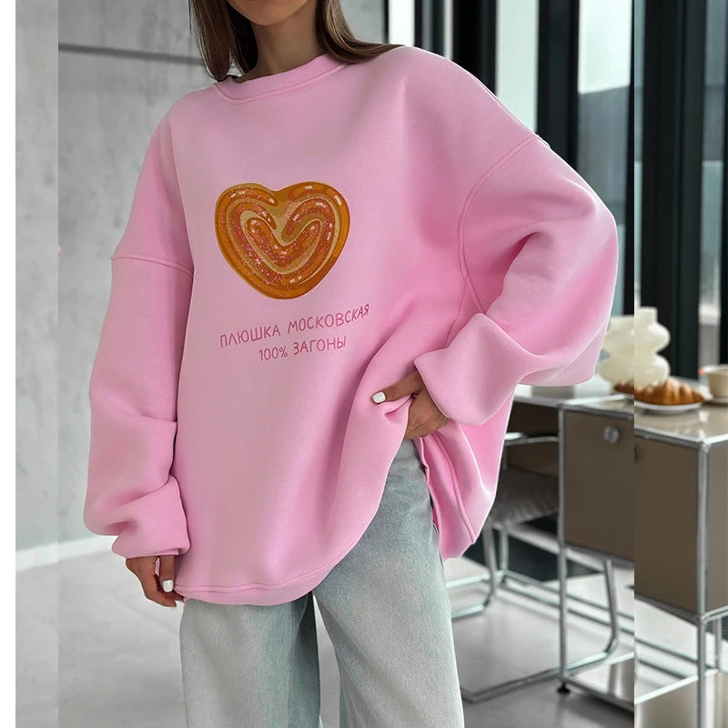 Sweat-shirt à col rond pour femme, imprimé gâteau de moscou, rose, fin, manches longues, Style russe, ample, mode coréenne, automne 2025