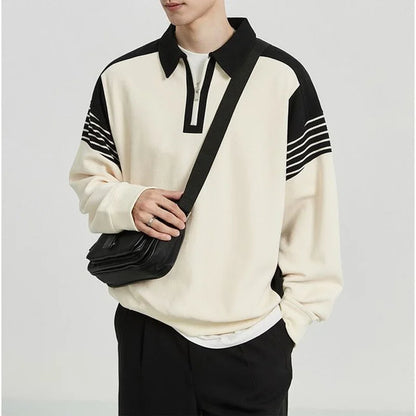Pull rayé à manches longues pour hommes, demi-fermeture éclair, col polo, plus gros, décontracté, édition coréenne, printemps et automne, nouveau, 2024