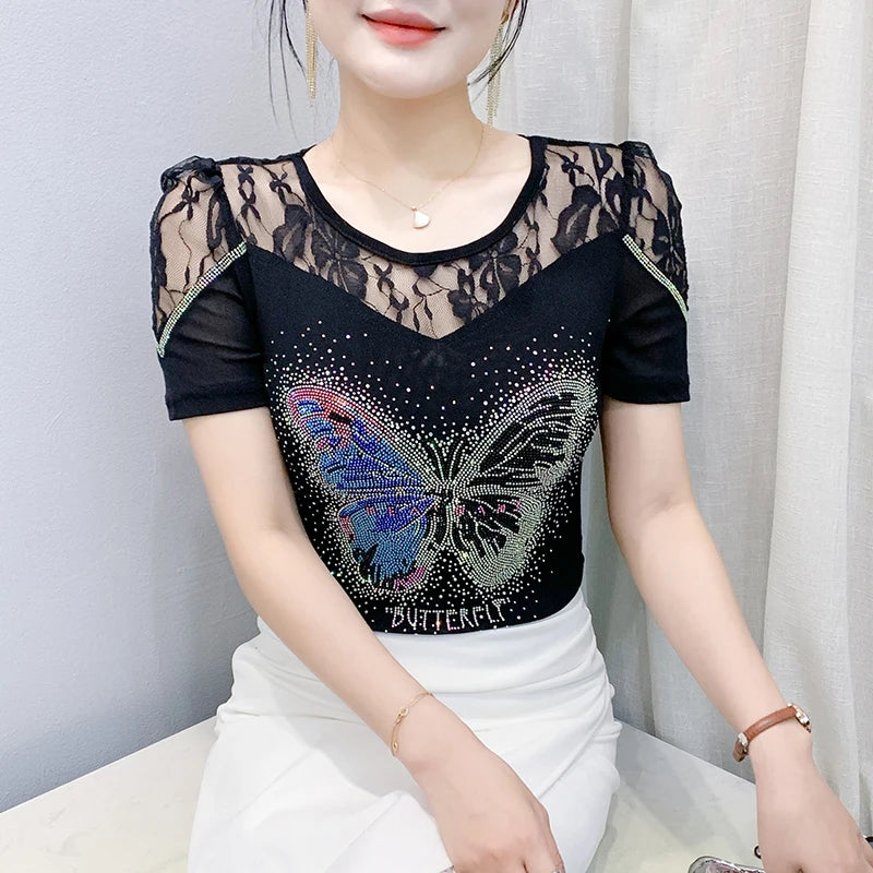 Été nouvelle mode maille T-shirt Chic luxe papillon chaud diamant T-shirt élégant dentelle Patchwork à manches courtes mince haut pour femme